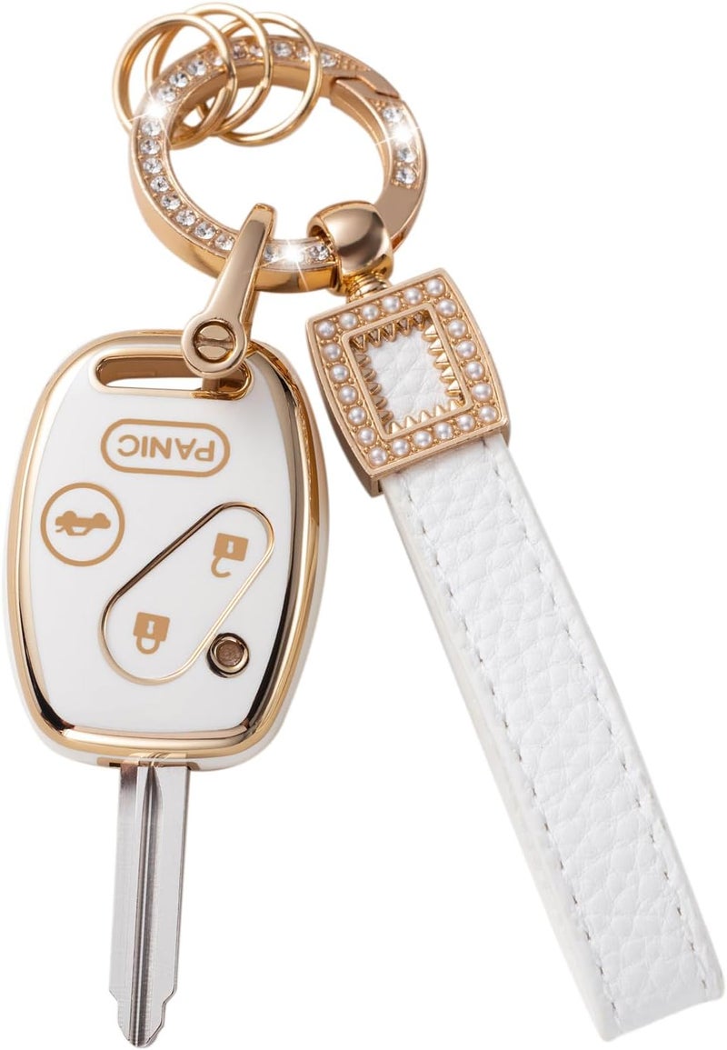 CACARLIKE for Honda Key Fob Cover with Leather Lanyard, Car Key Fob Case Compatible with 2003-2012 Accord 2006-2013 Civic 2005-2006 CR-V Pilot Fit Odyssey Ridgeline Smart Key Protector Holder - Image 1